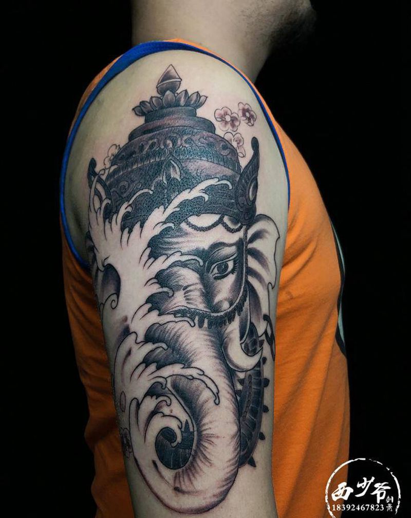 象神纹身图片_手臂新传统纹身图案