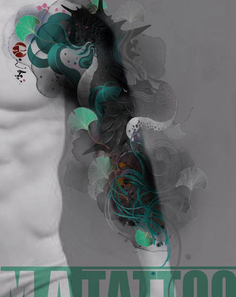 《隐》纹身图片_手臂水墨银杏叶异兽纹身图案