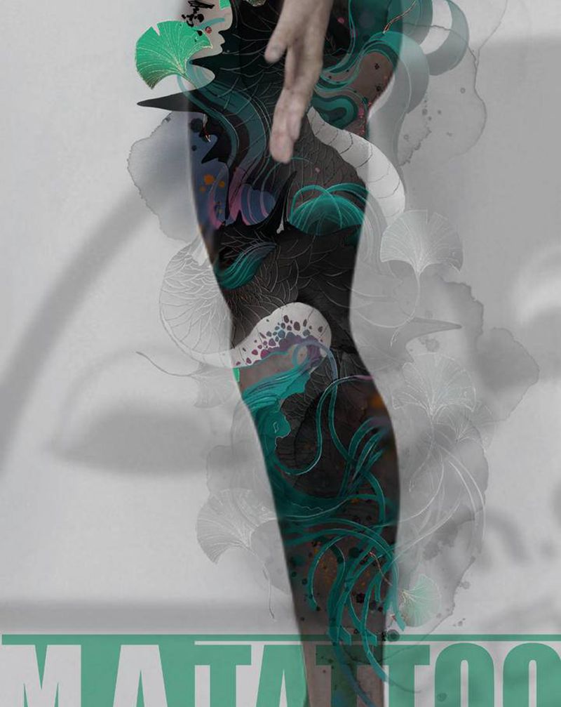 《隐》纹身图片_腿部水墨异兽银杏叶纹身图案