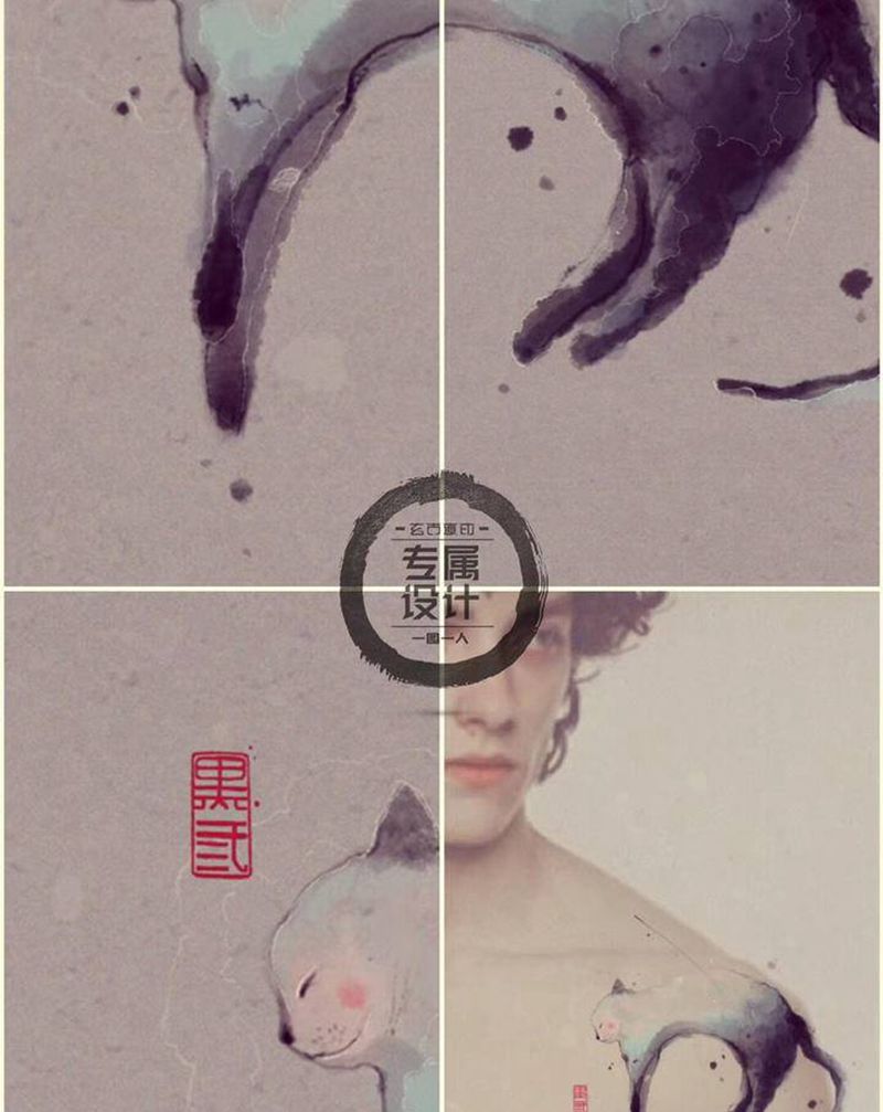 瞌睡猫纹身图片_手臂腿部水墨水彩纹身图案