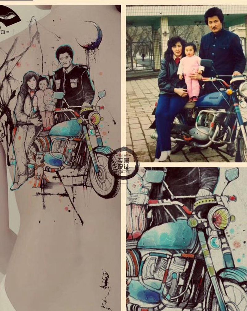 家人设计纹身图片_手臂背部水墨水彩纹身图案