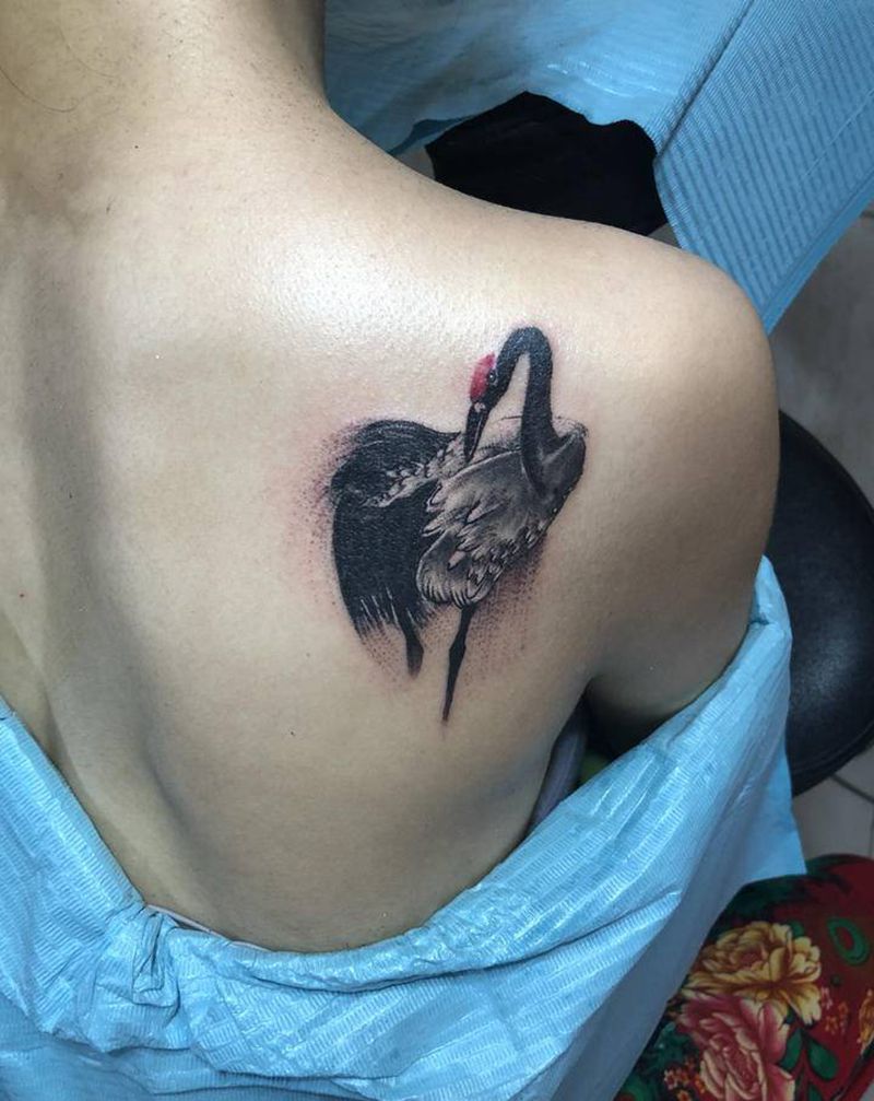 国画鹤纹身图片_背部纹身图案