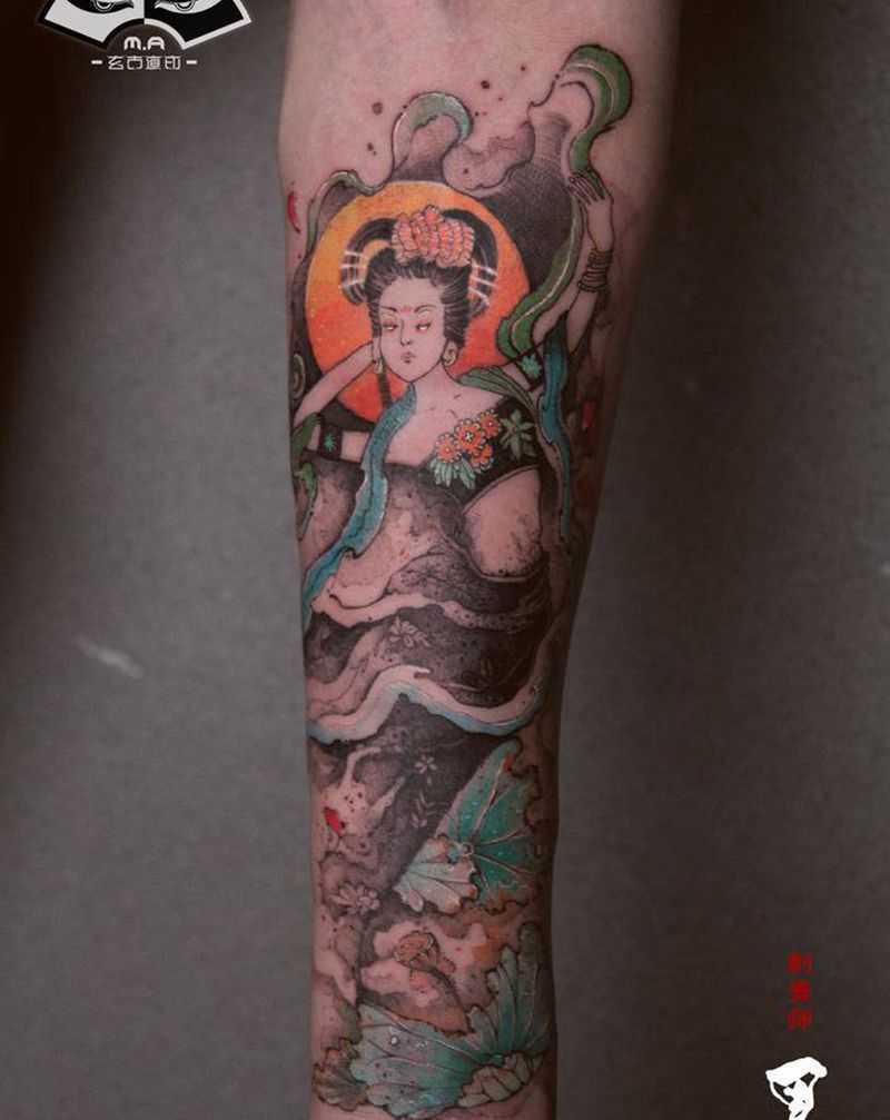 【飞天图】纹身图片_手臂腿部水彩水墨纹身图案