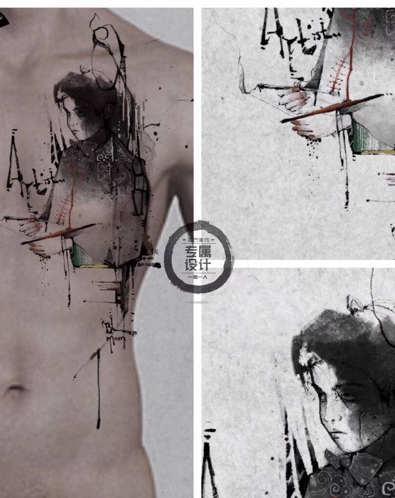 【少年气】纹身图片_胸部手臂水墨表现主义纹身图案