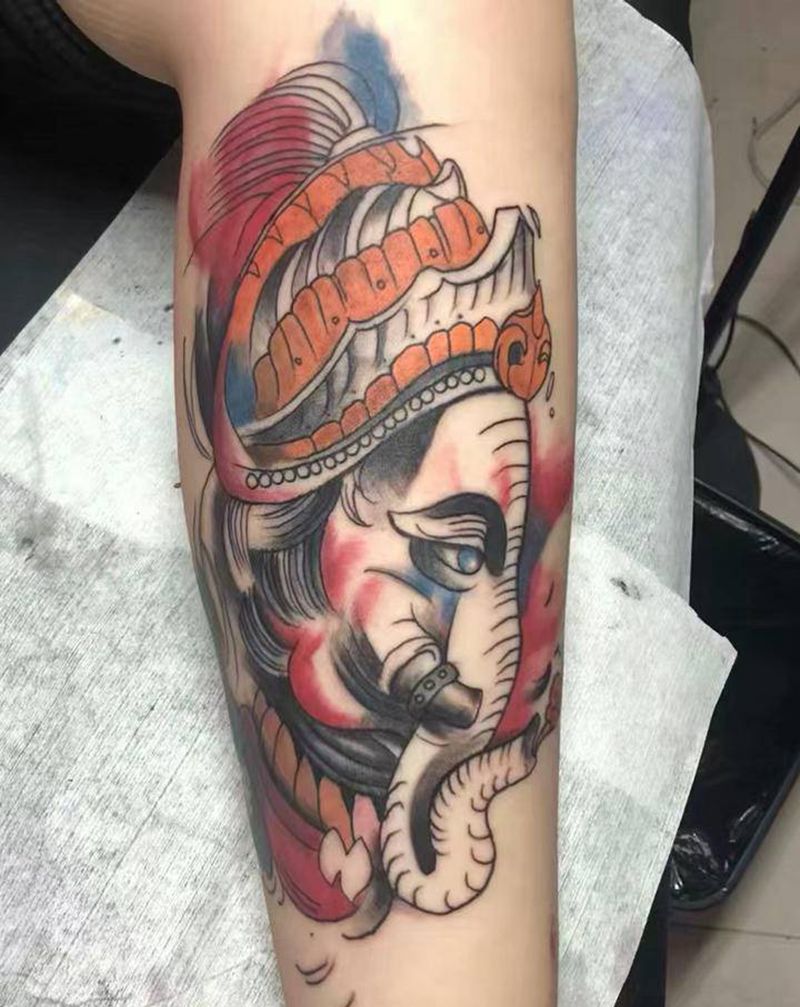 水彩象神纹身图片_手臂腿部水墨新传统象神纹身图案