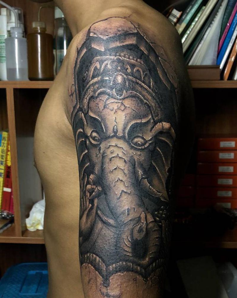 象王纹身图片_手臂腿部新传统老传统象象神象王纹身图案