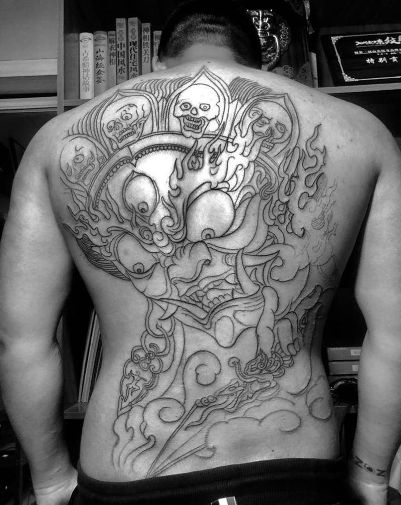 大黑天纹身图片_背部老传统新传统佛护法神大黑天纹身图案
