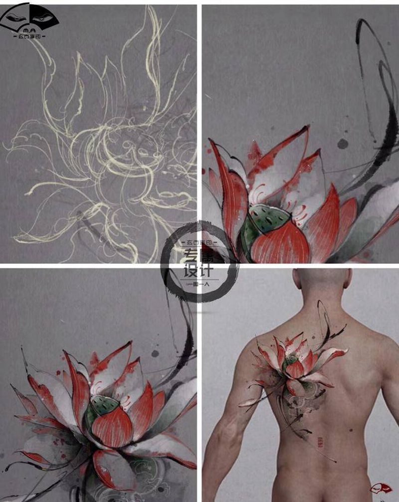 【水墨莲】定制已出。纹身图片_背部手臂水墨水彩纹身图案