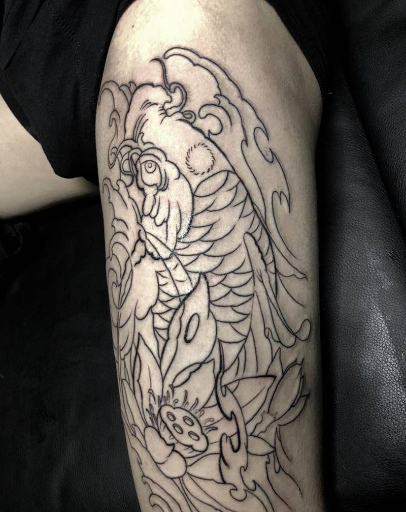 鲤鱼未完成纹身图片_腿部新传统老传统鱼鲤鱼纹身图案