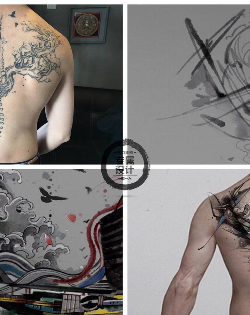 【后背遮盖】纹身图片_手臂背部水墨水彩纹身图案