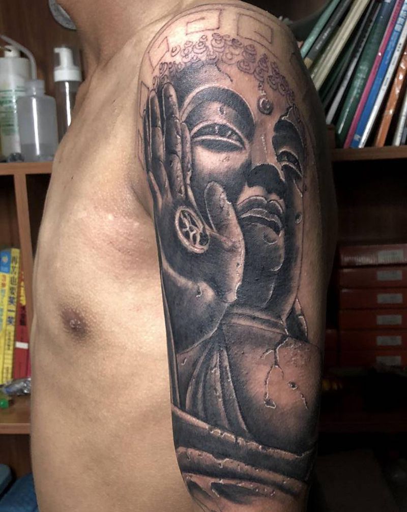 佛头纹身图片_手臂腿部新传统老传统佛 佛头纹身图案