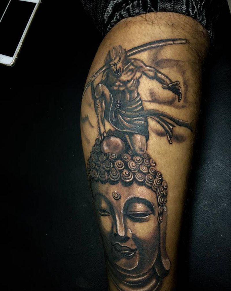 踏如来纹身图片_手臂腿部新传统欧美写实佛孙悟空齐天大圣纹身图案