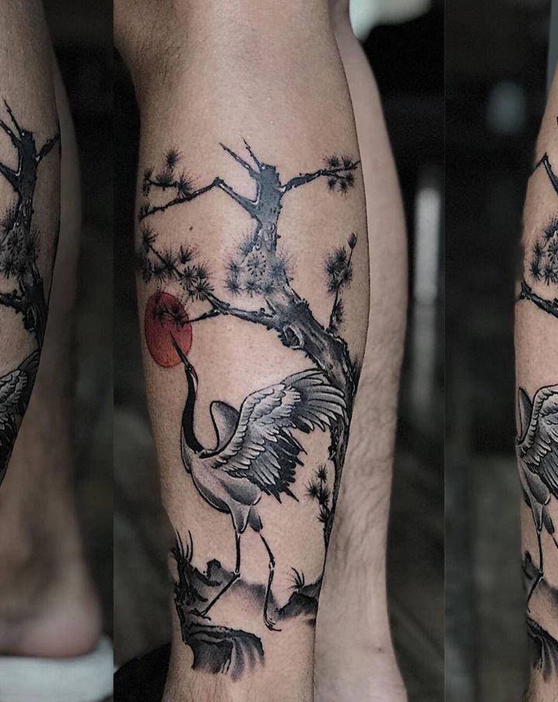 鹤纹身图片_腿部新传统纹身图案
