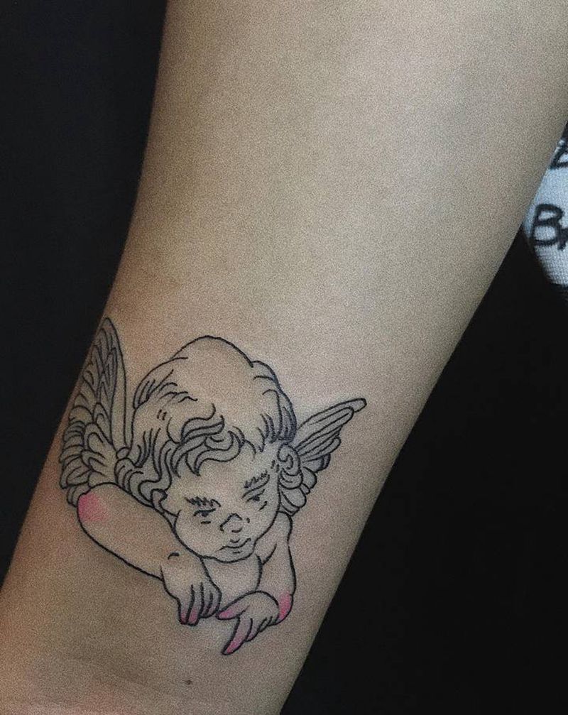 天使纹身图片_手臂线条小清新纹身图案