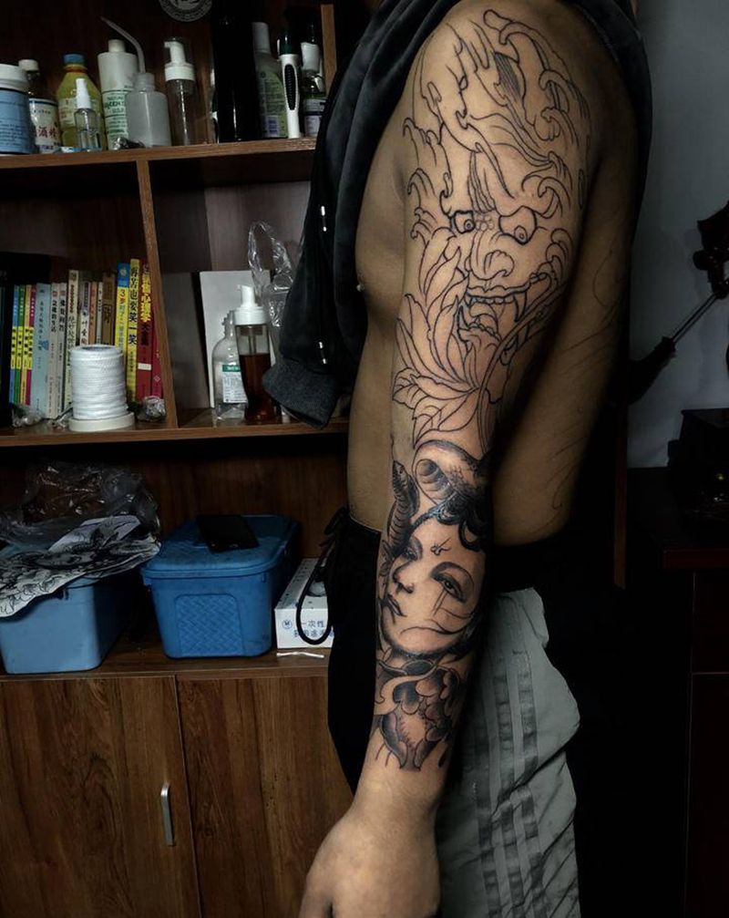 花臂纹身图片_手臂腿部新传统老传统纹身图案