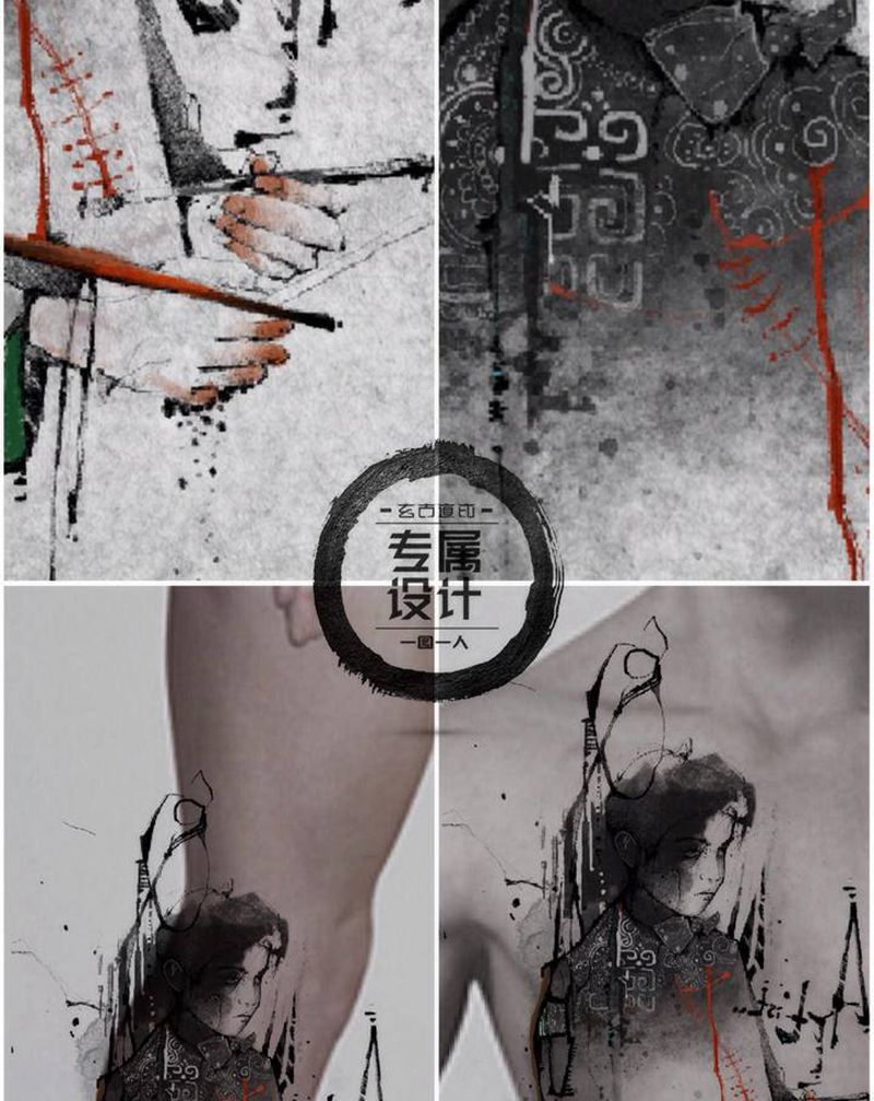 招模特纹身图片_手臂胸部装饰表现纹身图案