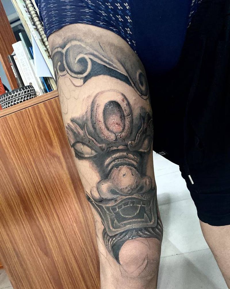 花腿石雕纹身图片_手臂腿部欧美写实新传统龙纹身图案