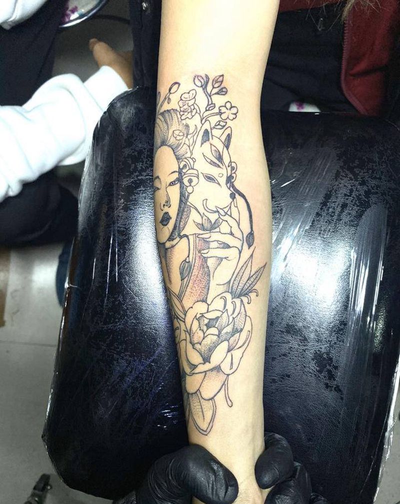 艺妓纹身图片_手臂腿部点刺水墨纹身图案