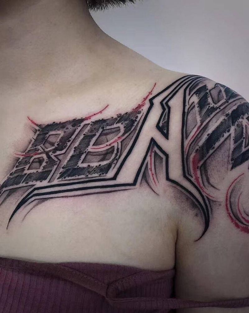 西安暗黑花体字纹身纹身图片_肩部胸部花体字暗黑纹身图案