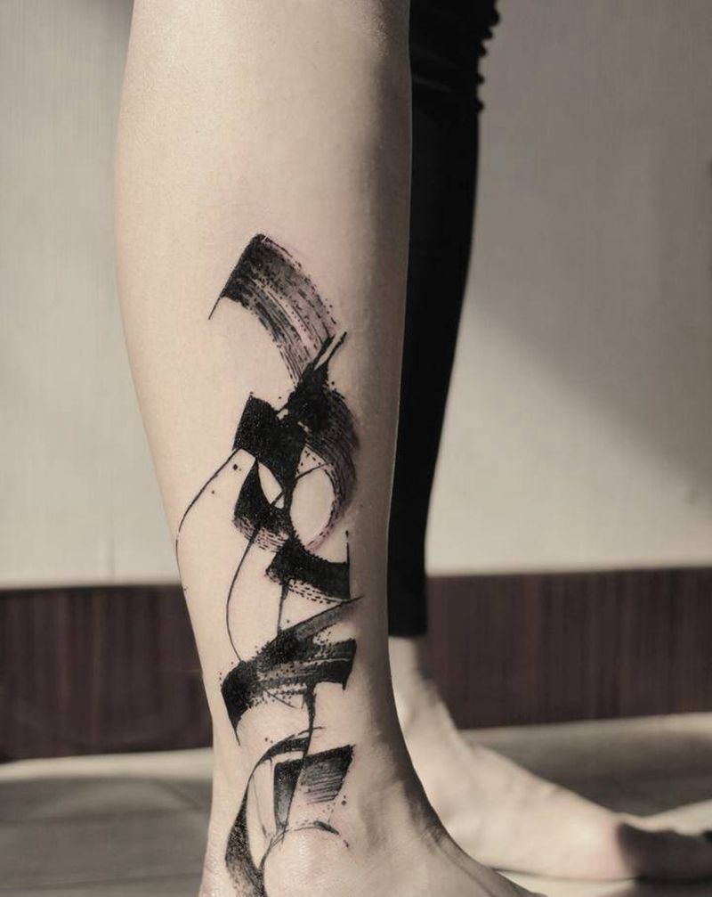 LOVE文字设计纹身图片_脚部腿部几何水墨纹身图案