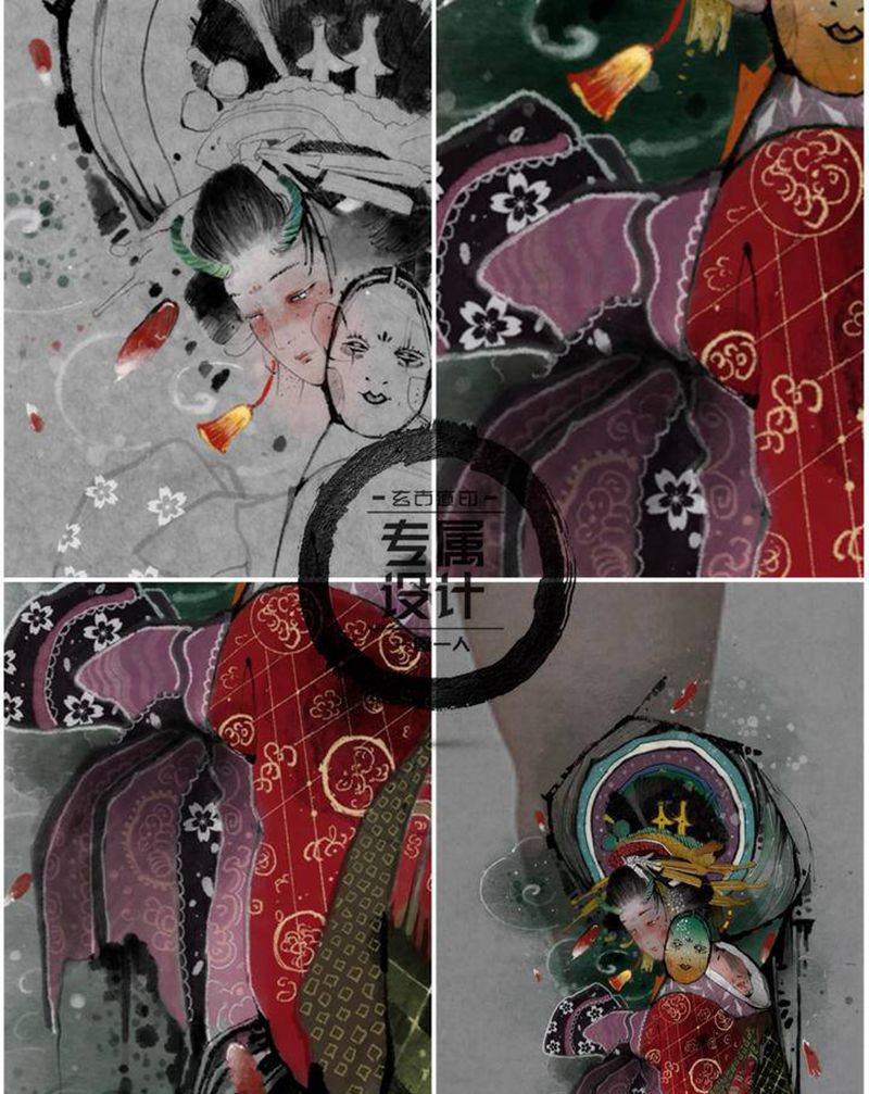 艺妓录纹身图片_手臂腿部水墨水彩纹身图案