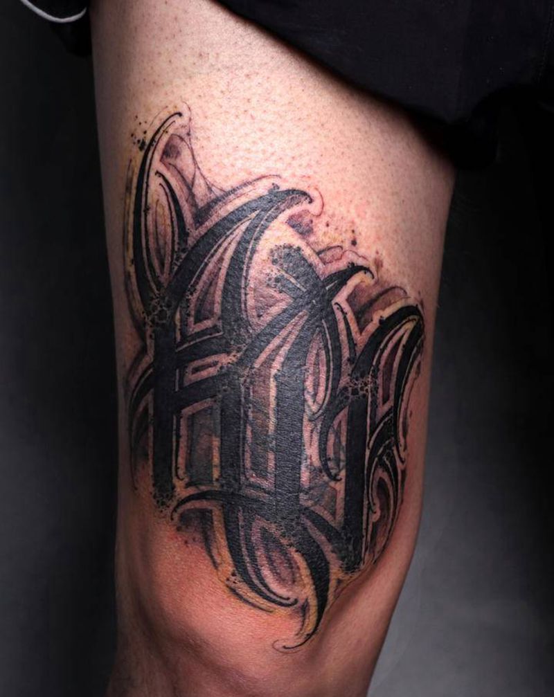 西安暗黑花体字纹身纹身图片_腿部手臂花体字Old School字体花体字暗黑纹身图案