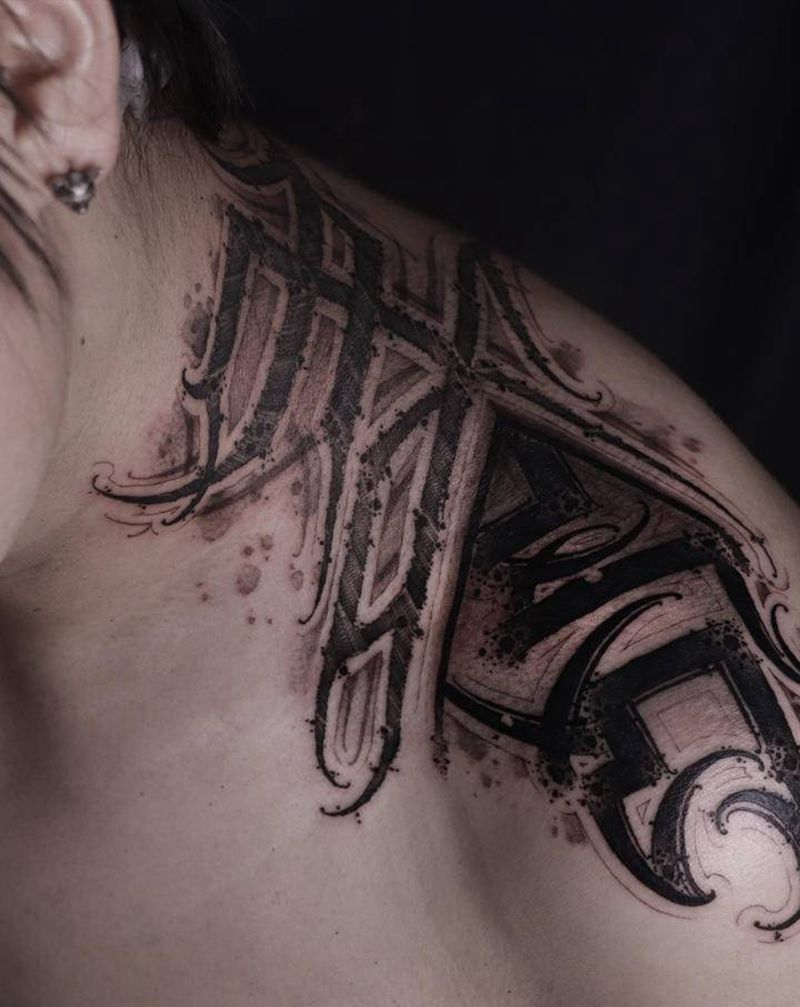 暗黑花体字纹身作品纹身图片_肩部颈部花体字Old School暗黑花体字花体字原创纹身图案