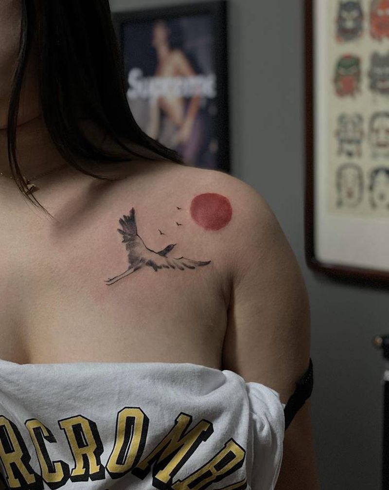 仙鹤纹身图片_手臂腿部水彩水墨水墨纹身图案