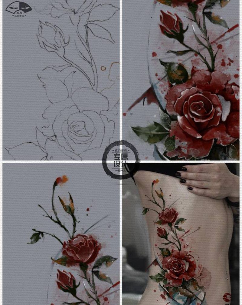 【水墨玫瑰】纹身图片_腰部水墨玫瑰纹身图案