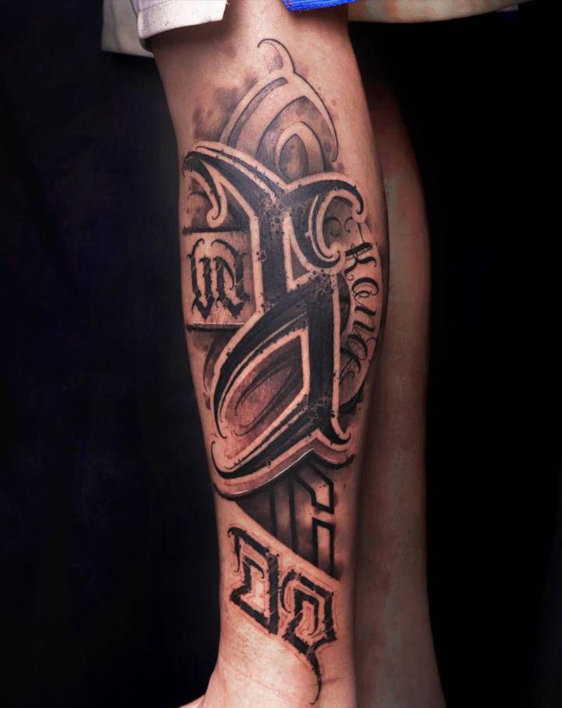 西安暗黑花体字纹身纹身图片_腿部脚部花体字Old School暗黑花体字花体字原创纹身图案