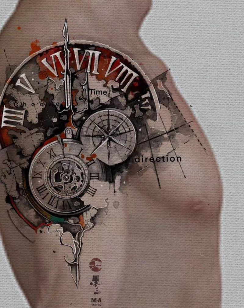 【时间与方向】纹身图片_手臂水墨纹身图案