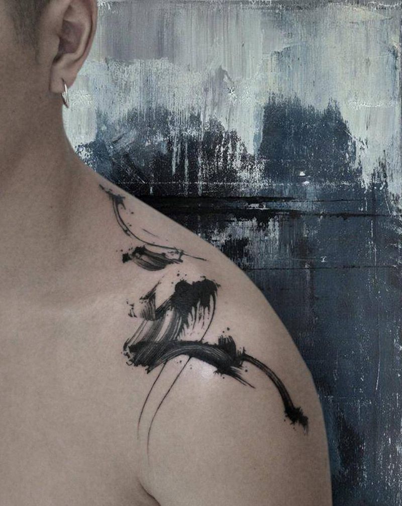 汉字“三”设计纹身图片_背部肩部水彩水墨纹身图案