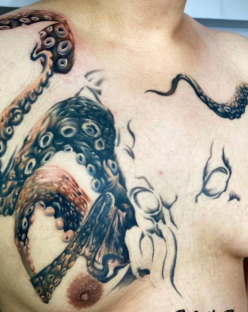 克苏鲁纹身图片_胸部欧美写实纹身图案