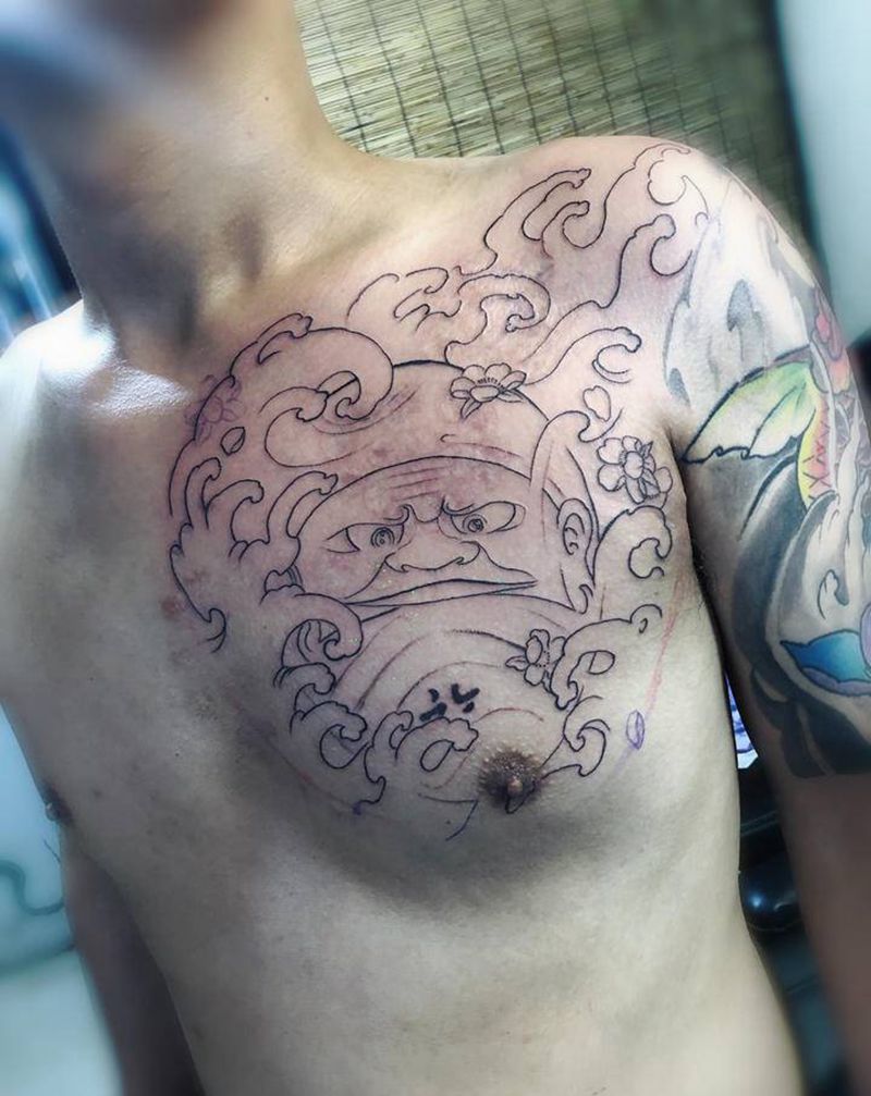 达摩蛋线条纹身图片_胸部纹身图案