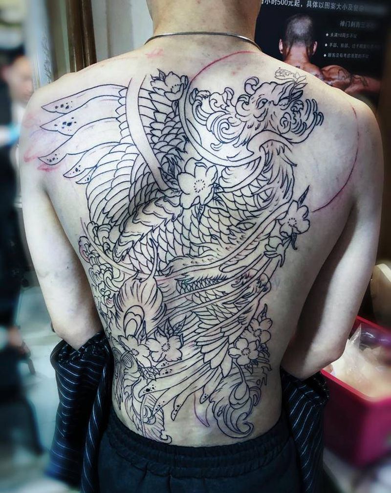 满背凤凰线条纹身图片_背部纹身图案
