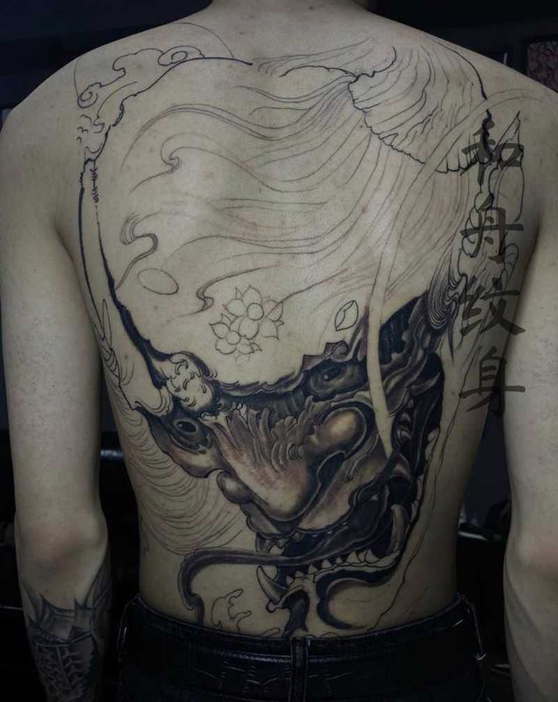 满背般若纹身图片_背部新传统老传统纹身图案