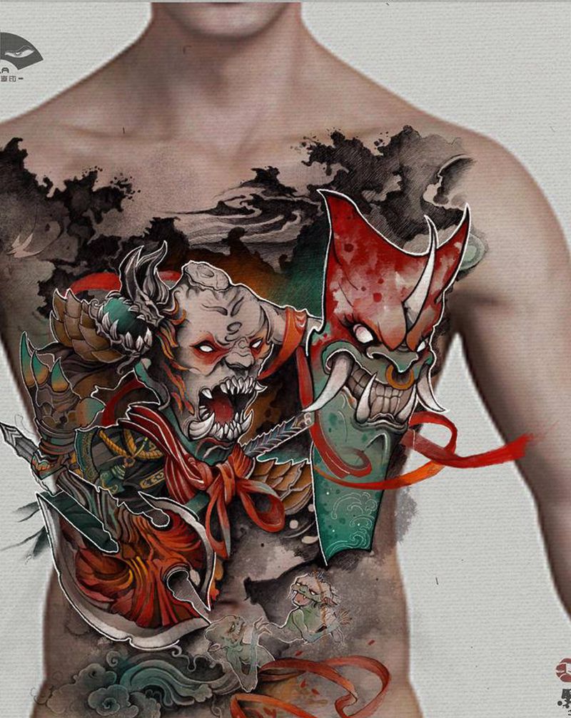 【刑天遮盖】纹身图片_胸部水墨纹身图案