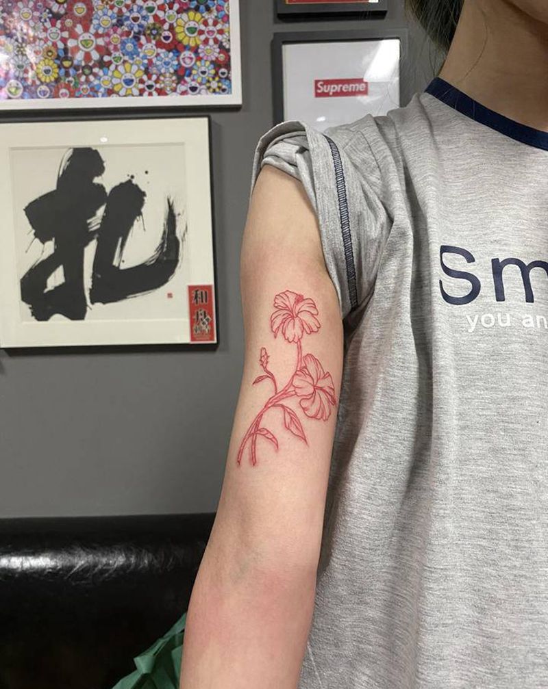 扶桑花纹身图片_手臂水彩扶桑花纹身图案