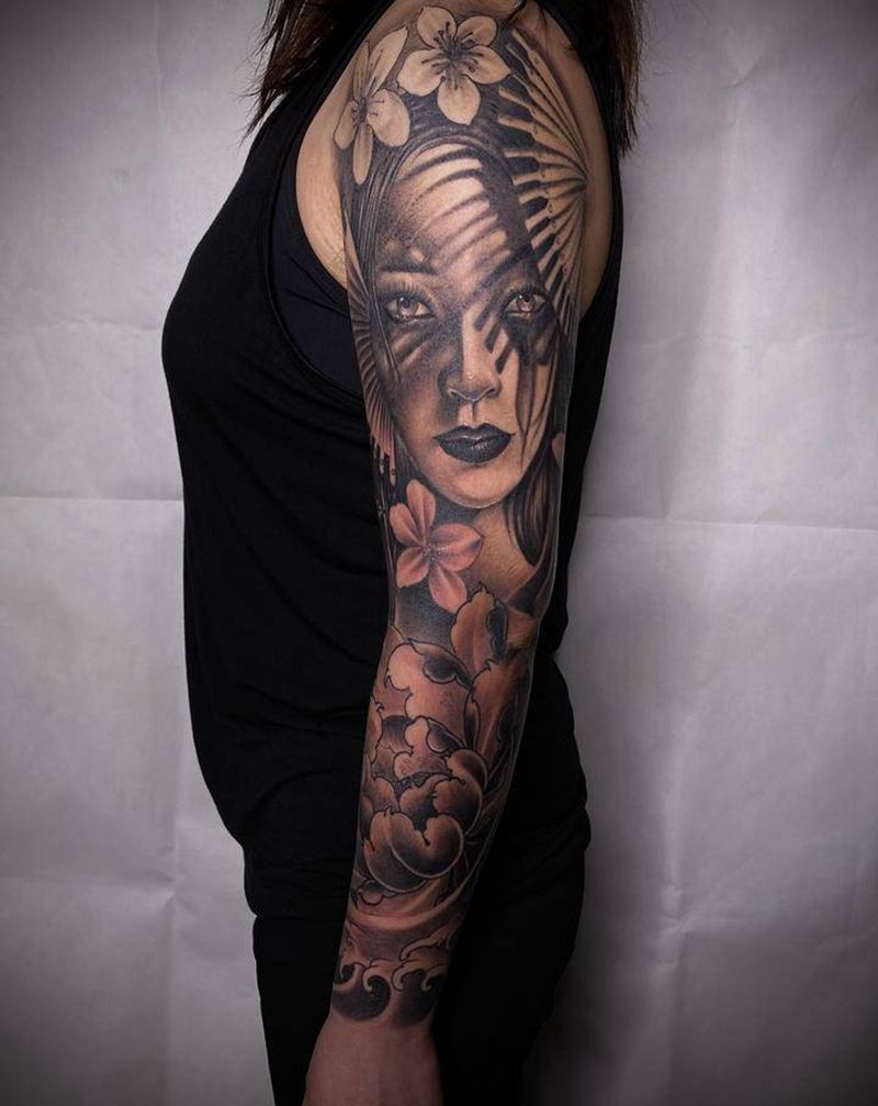 艺妓纹身图片_手臂新传统纹身图案