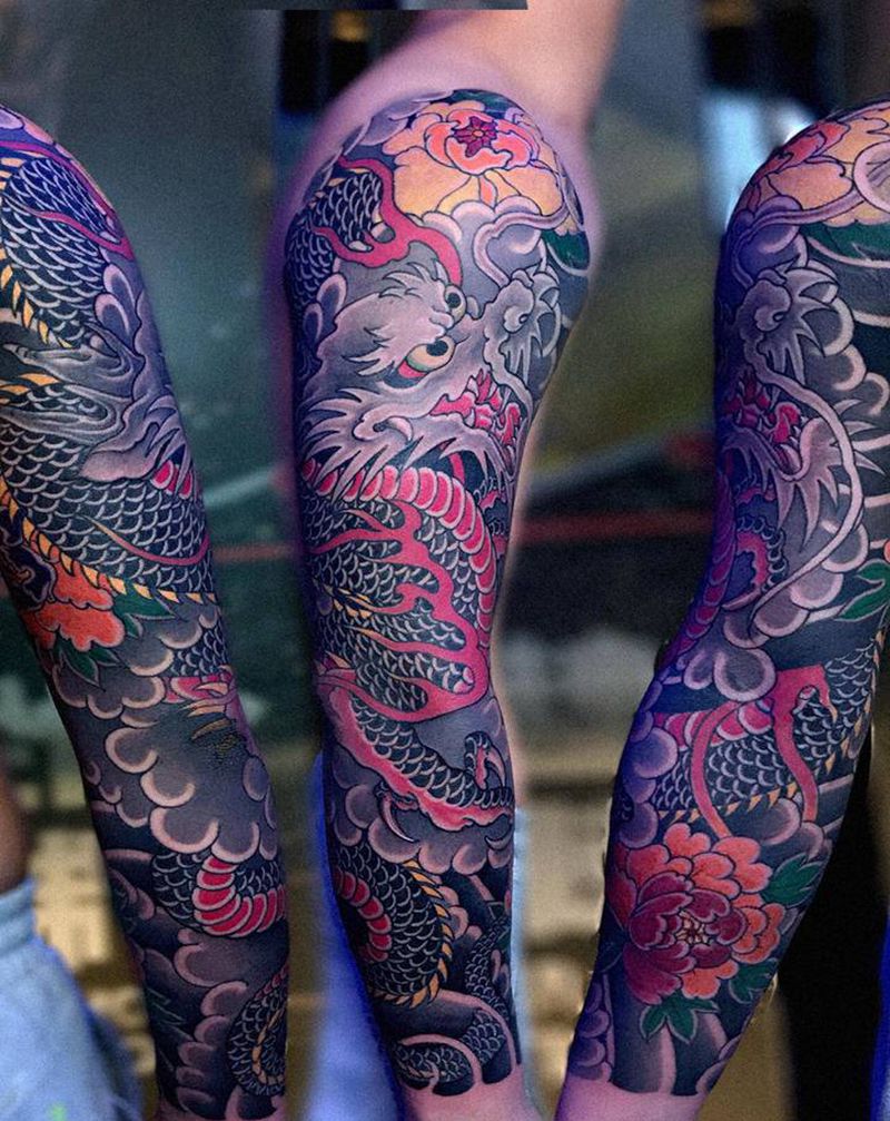 日式龙花臂纹身图片_手部手臂老传统纹身图案