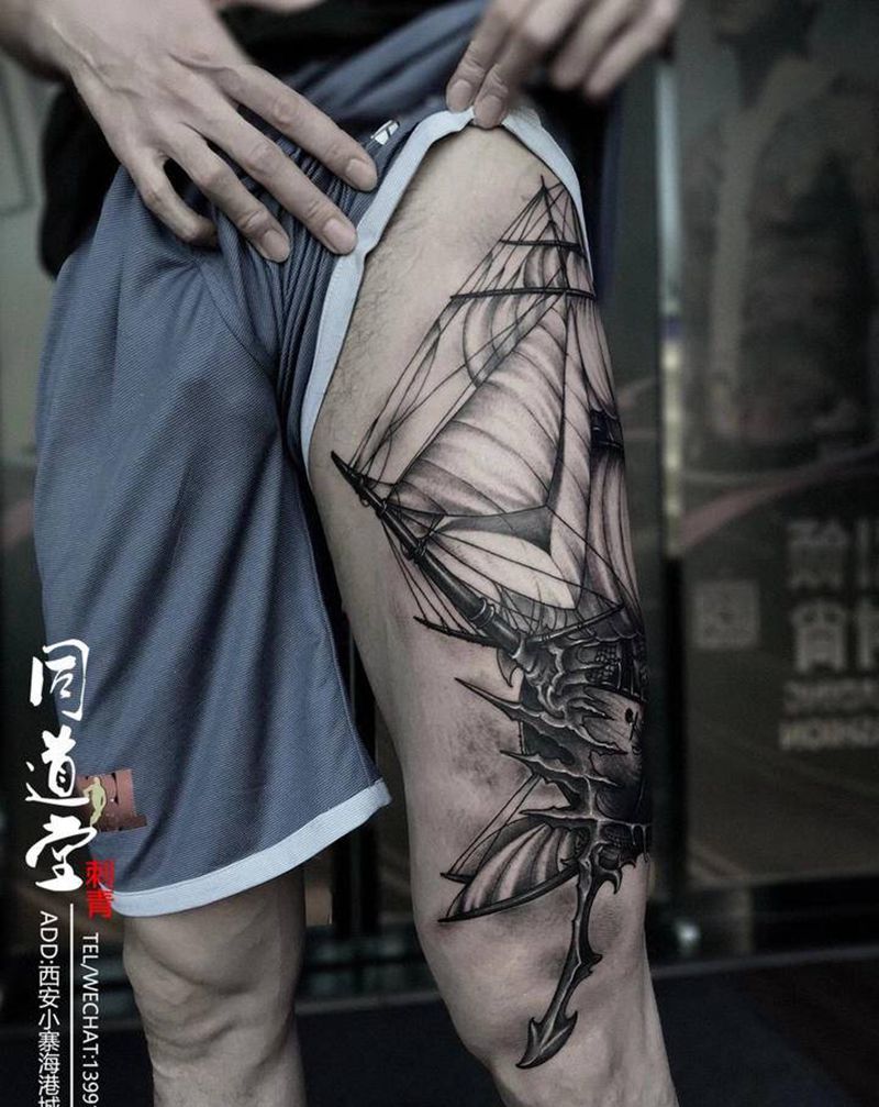帆船纹身纹身图片_腿部欧美写实纹身图案