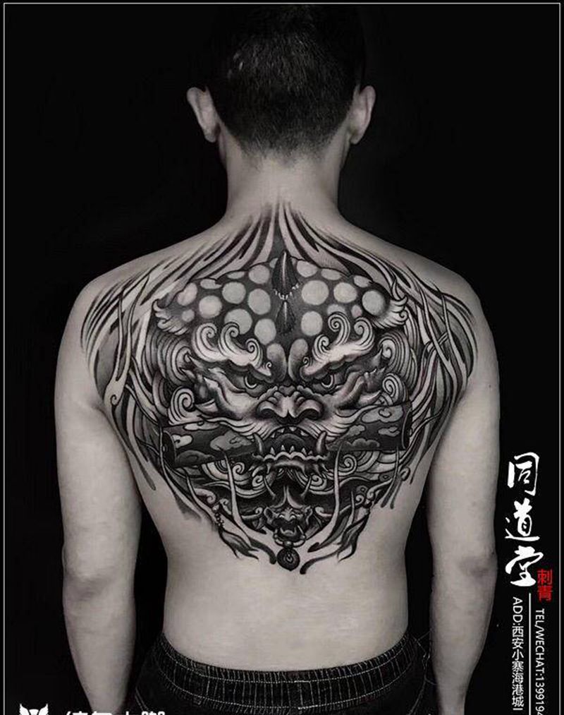 唐狮子纹身纹身图片_背部新传统纹身图案