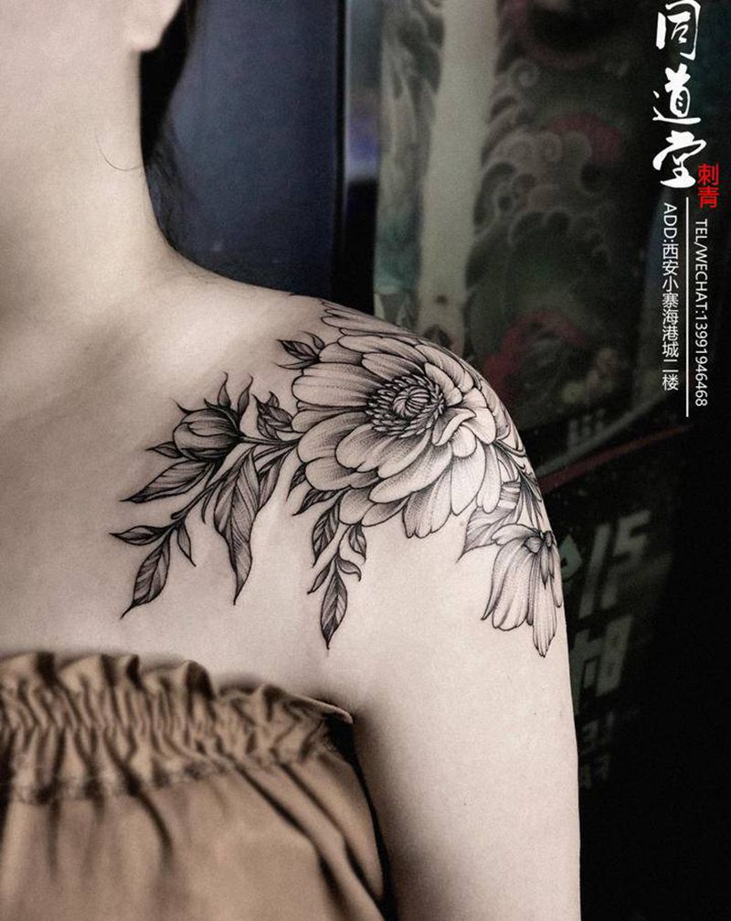 素花纹身纹身图片_肩部点刺New School纹身图案