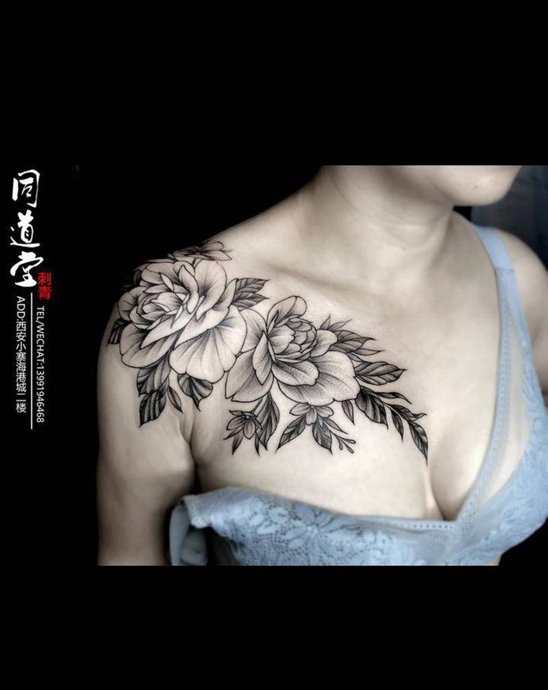 素花纹身纹身图片_肩部纹身图案