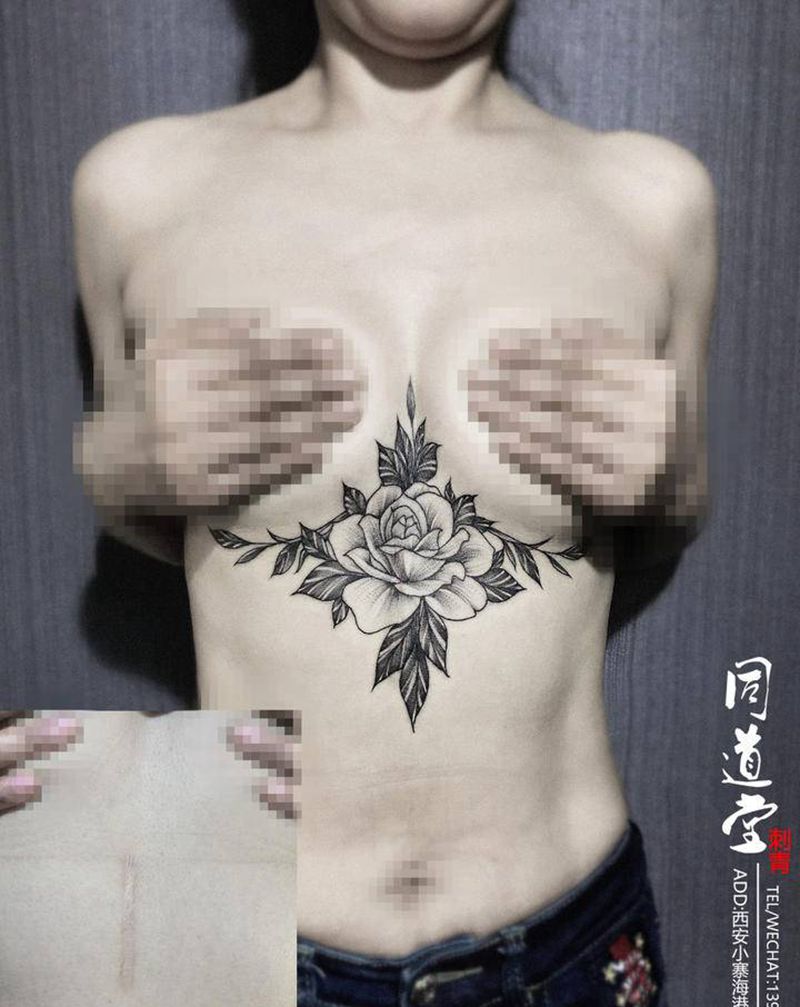 素花纹身纹身图片_胸部点刺纹身图案