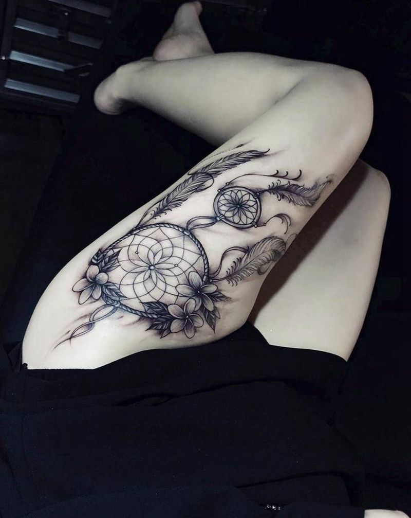 捕梦网纹身纹身图片_腿部水墨点刺纹身图案