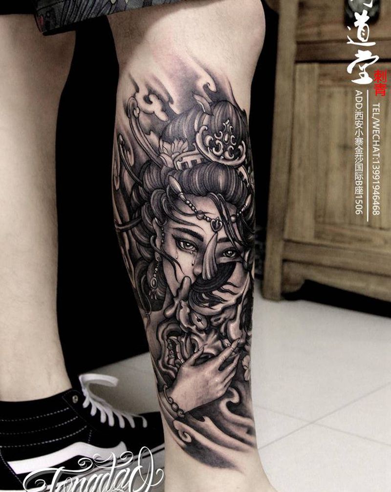 艺技纹身纹身图片_腿部新传统纹身图案