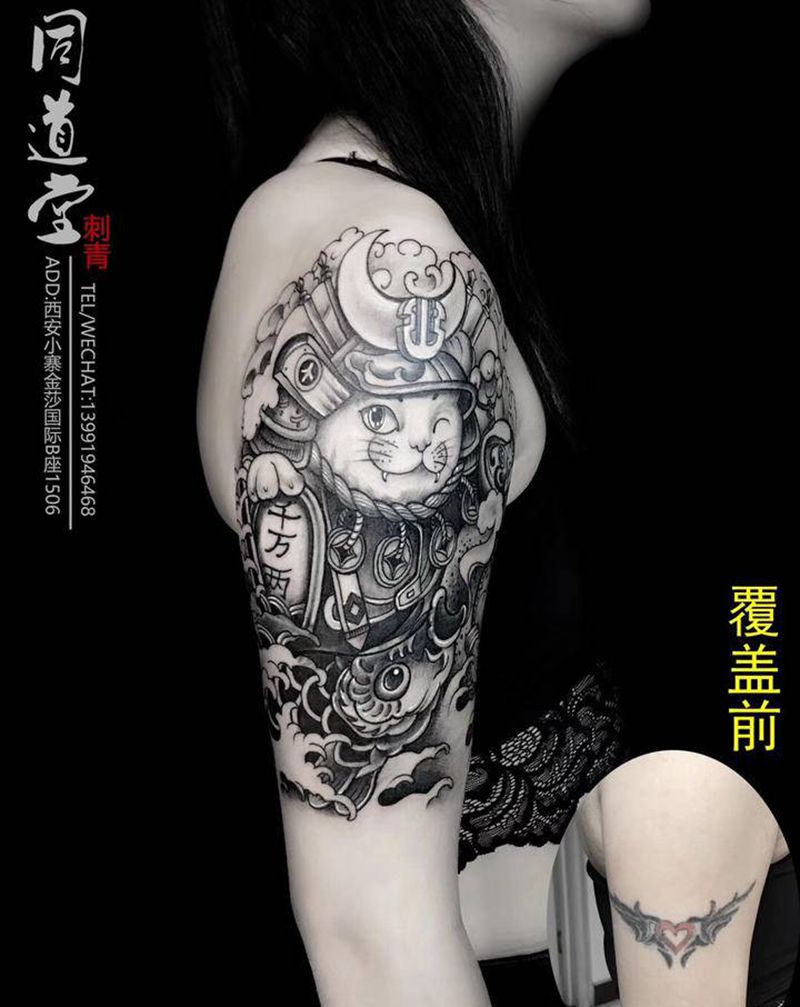 招财猫纹身纹身图片_肩部手臂新传统New School纹身图案