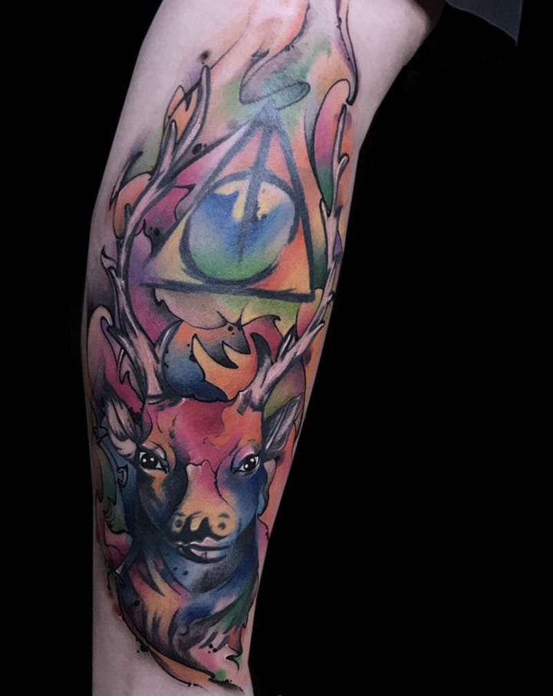 鹿纹身纹身图片_腿部水彩水墨纹身图案