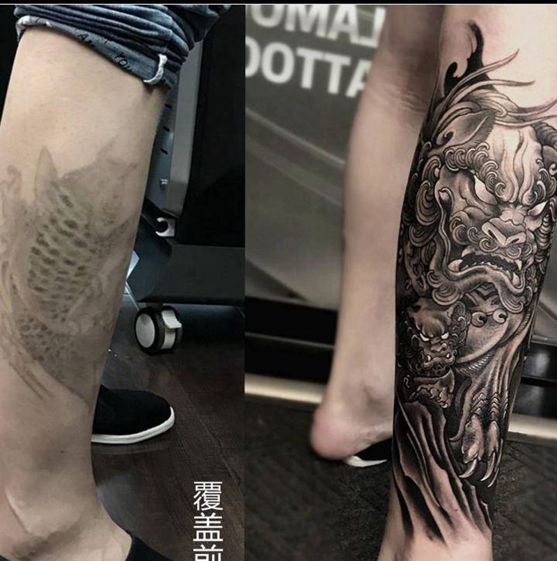 唐狮子纹身纹身图片_腿部新传统纹身图案